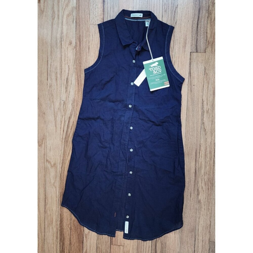 Toad & Co Sleeveless Shirt Dress XS Pockets Indigo Lightweight Organic Cotton